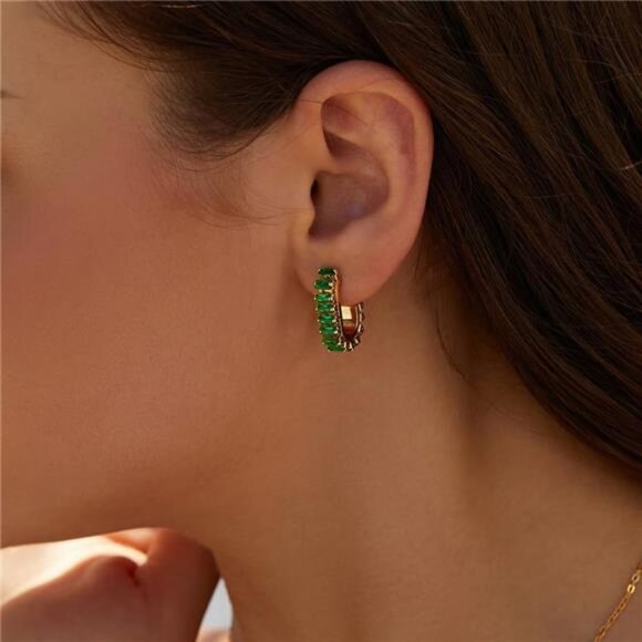 Gold hoop earrings green crystal huggie cubic zirconia dainty jewelry gift - Picture 4 of 7
